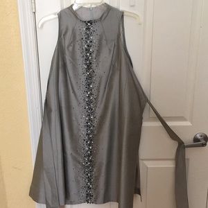 Wrap dress,  silver silk, beaded front